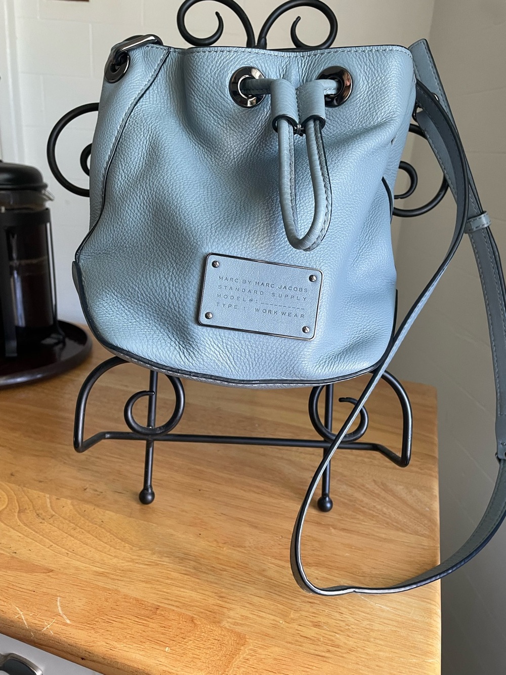 Marc by Marc Jacobs Pale Ice Blue Pebbled Leather Drawstring Bucket Shoulder Bag